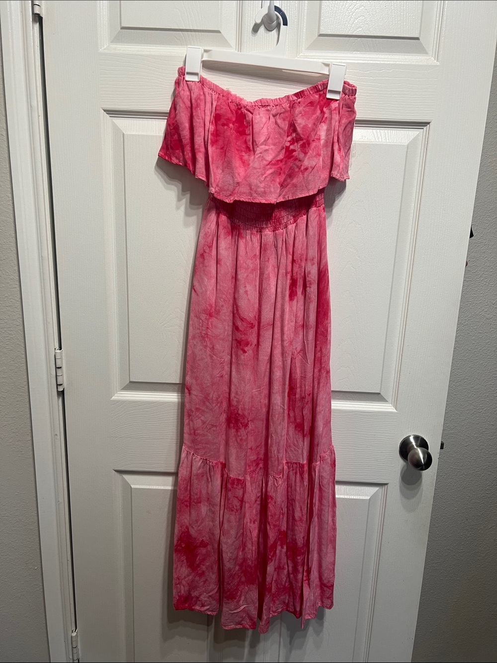 FAVLUX Strapless Pink Tie-Dye Maxi Dress